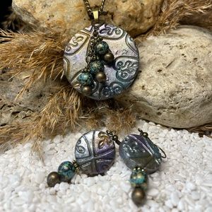 Stamped and soft colours polymer clay. Beaded delicate pieces  LL2C NE 215